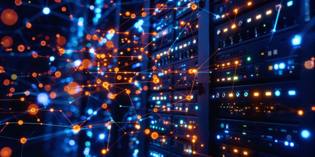 A picture of lights around server racks