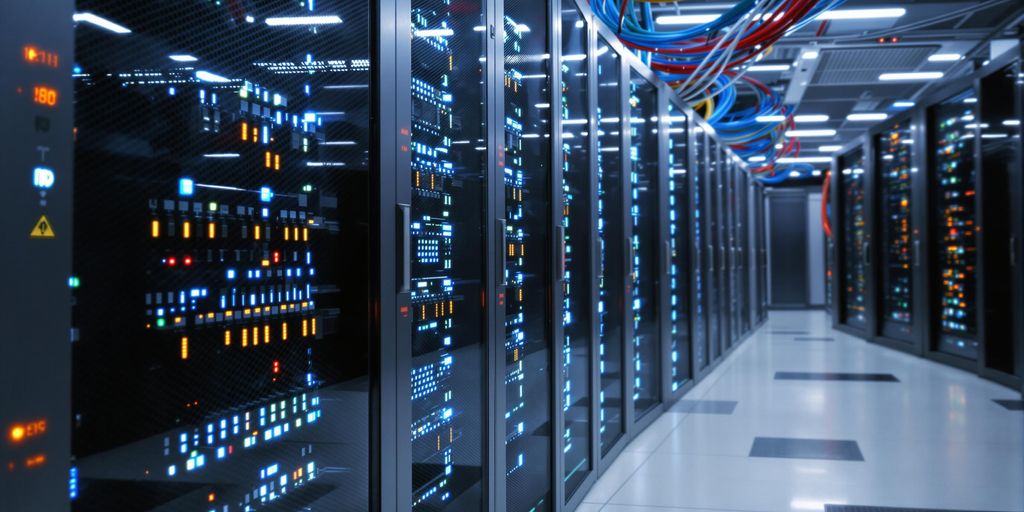 A picture of a server room showing multiple server racks