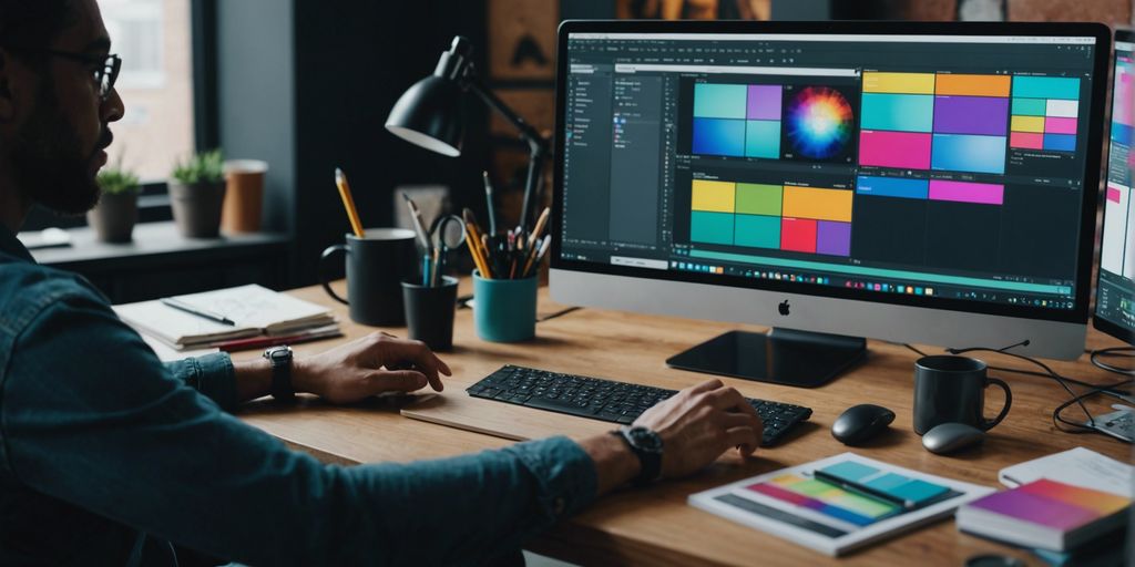 Web designer working on a computer with design software, surrounded by design tools and color palettes.