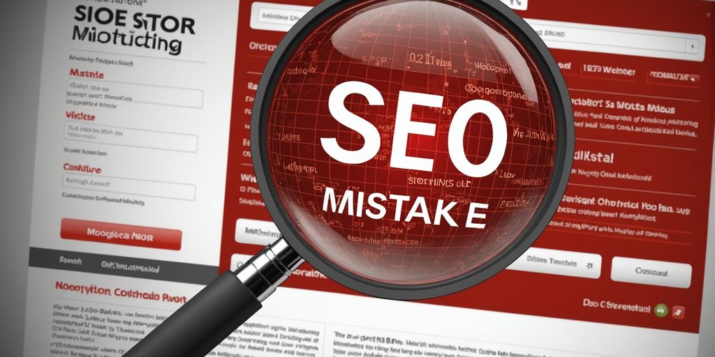 SEO mistakes highlighted on website with magnifying glass.