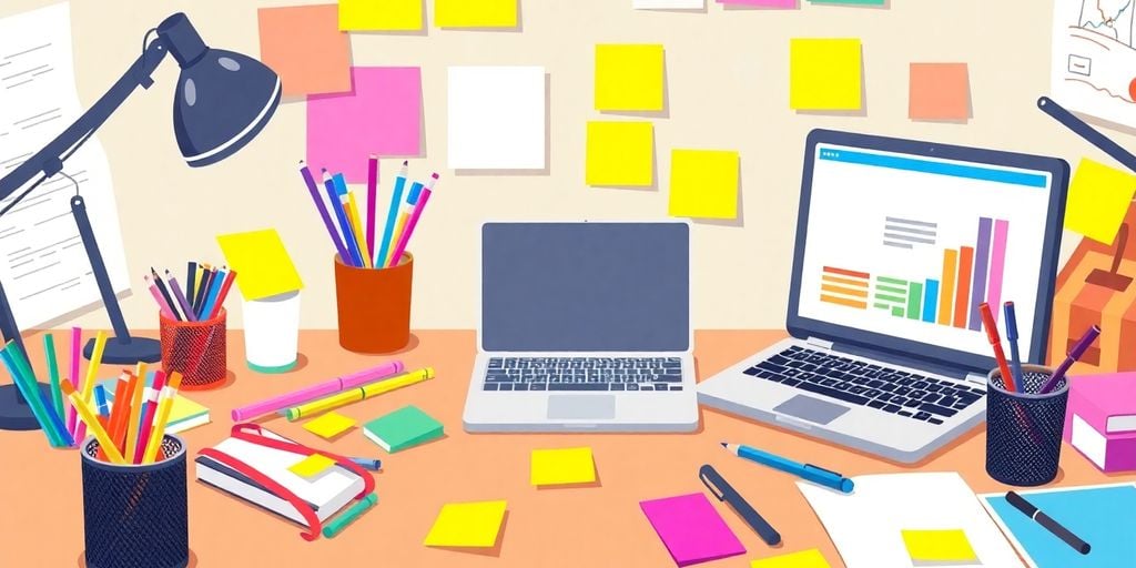 Creative web design workspace with colorful tools and laptop.