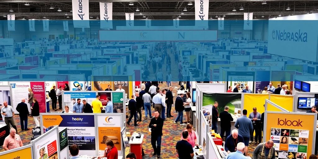 Colorful trade show booths filled with enthusiastic attendees.