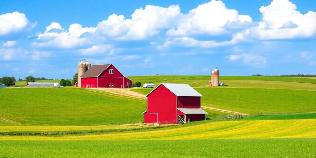 Nebraska farm landscape with fields, barn, and silos.