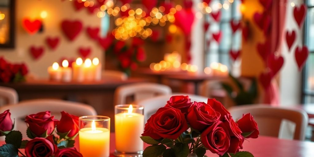 Romantic Valentine's Day decorations with roses and candles.
