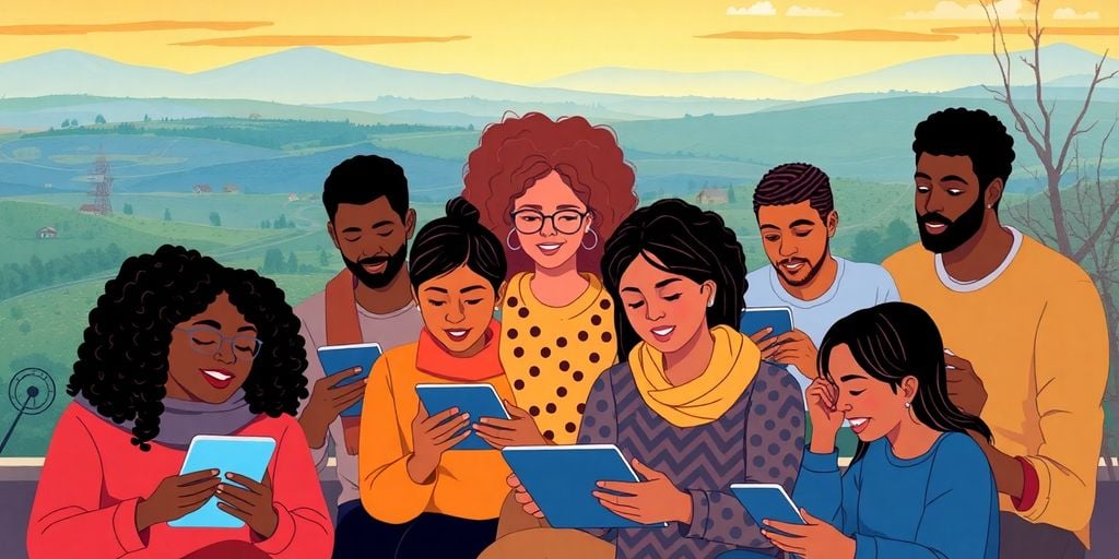 Diverse individuals in Nebraska engaging with digital devices.