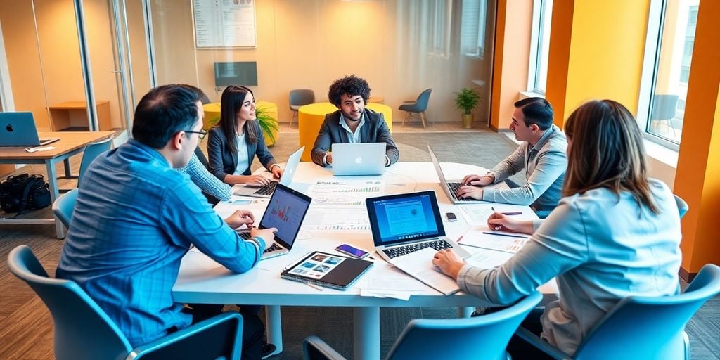 SEO team collaboration in a modern office space.