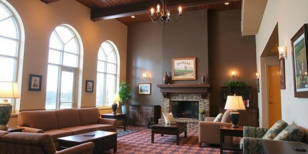 Nebraska hotel lobby with warm lighting and decor.