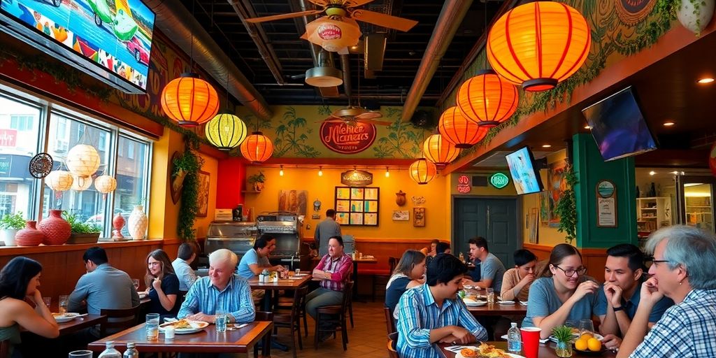 Colorful restaurant scene with diners enjoying local cuisine.