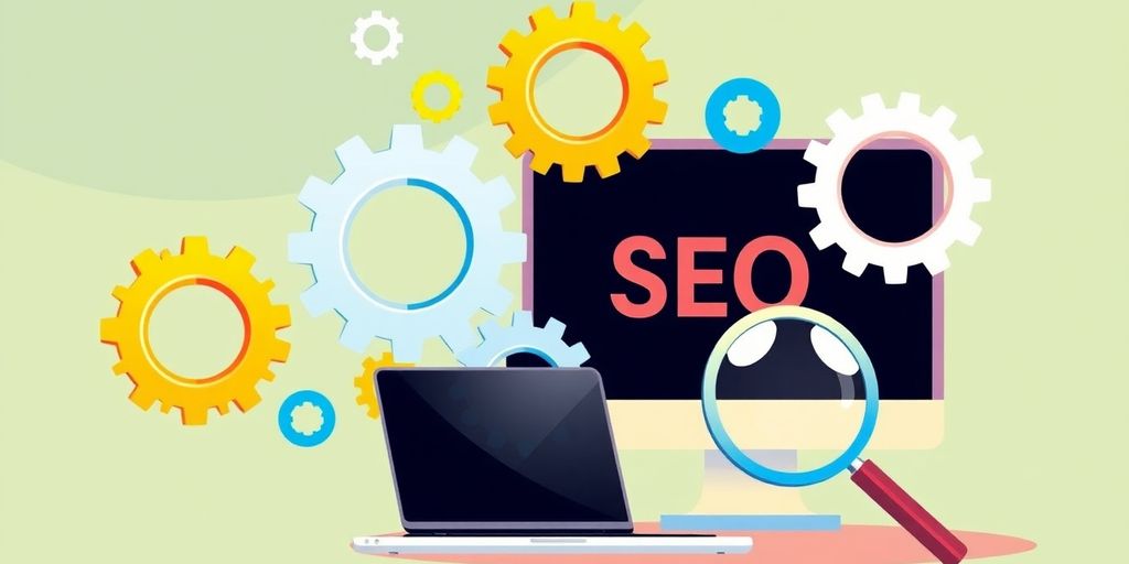 Illustration of SEO strategy with gears and a laptop.